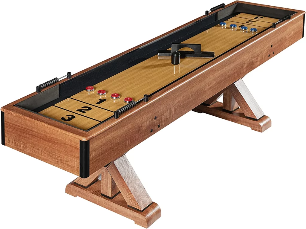 Hathaway-Daulton-9-ft-Shuffleboard-Table-for-Family-Game-Rooms-with-Padded-Sidewalls-Legs-Levelers-8-Pucks-Table-Brush-and-Wax-Black